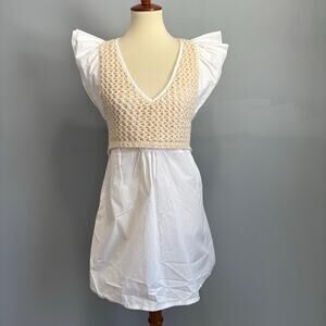 Boho Crochet earth toned Poplin Mini Dress White Cream Cottagecore, Size M